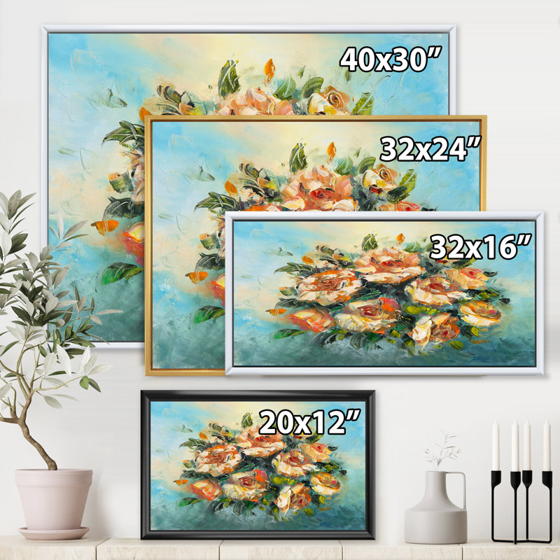 Bouquet de fleurs rétro rose foncé - peinture sur toile, H 12 po x l 20 po x p 1 po, Cadre flottant blanc