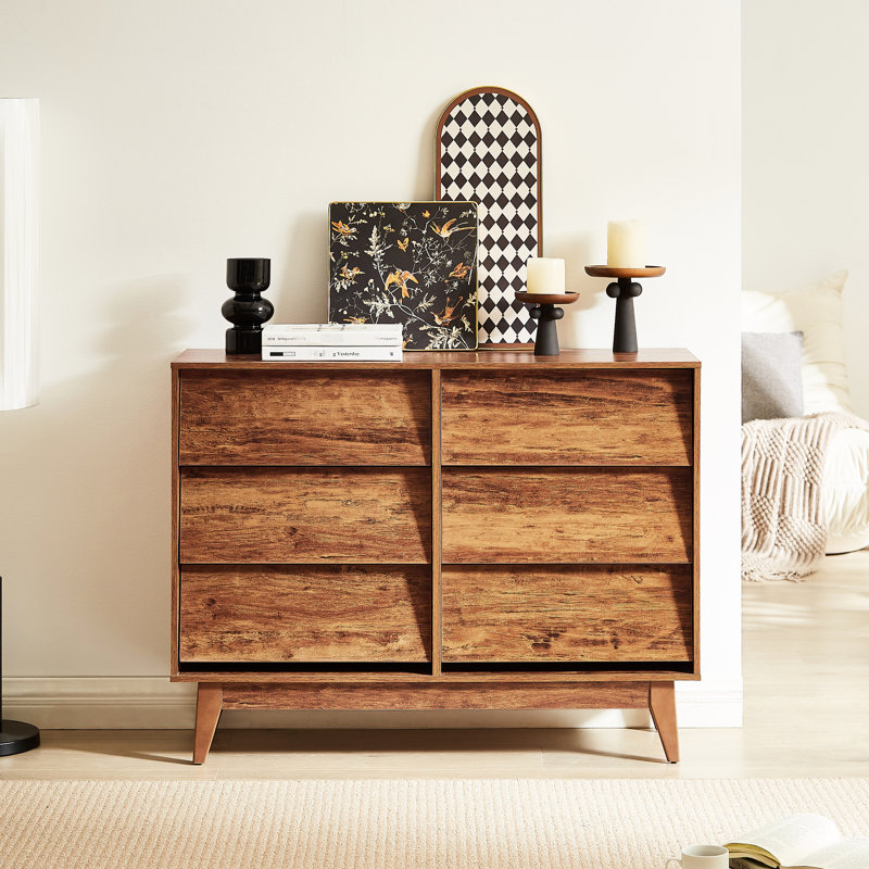 Cansler - style rétro, design biseauté, commode double 6 tiroirs, brun, espace de rangement dans la chambre à coucher
