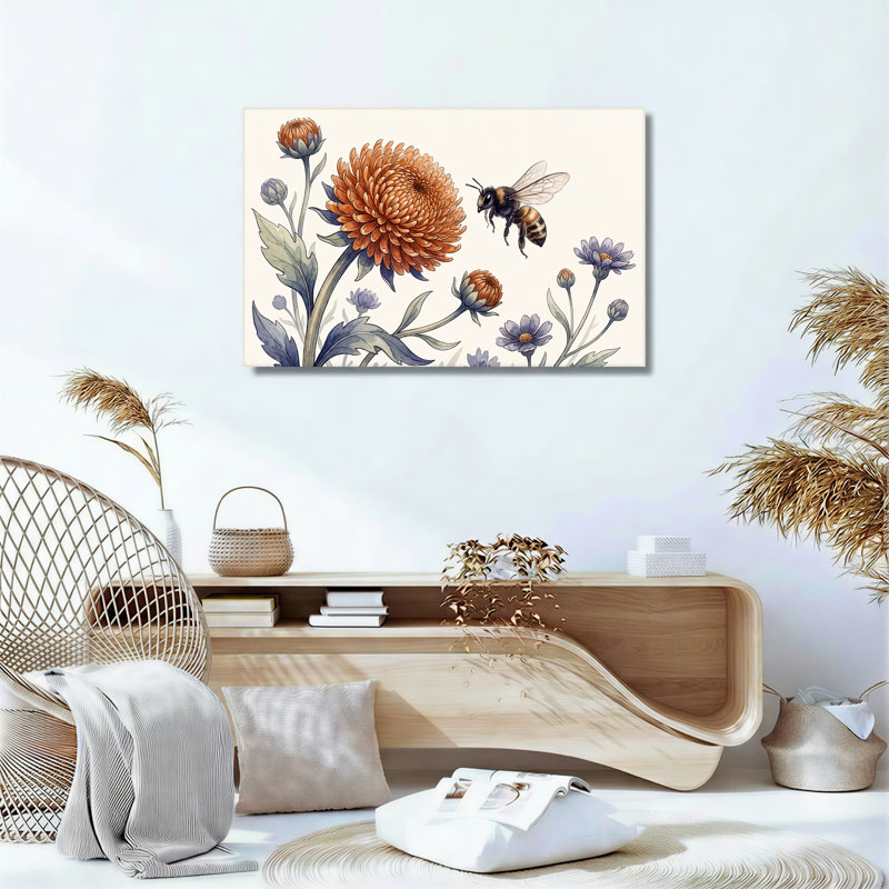 Illustration botanique sur toile représentant un chrysanthème orange et une abeille, H 16 po x l 24 po
