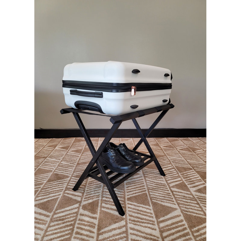 Brushed Black Bamboo Folding Luggage Rack with Shelf