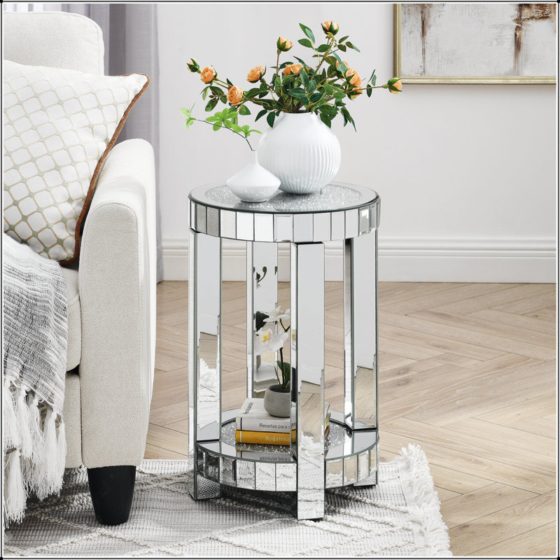 Table ronde en miroir avec incrustation de cristal, petit canapé moderne à 2 couches avec espace de rangement, table décorative argentée convenant au salon, à la chambre à coucher, au café et aux petits espaces
