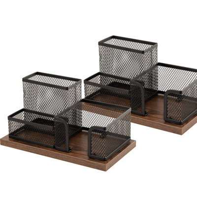 Porte-stylos en bois antique et porte-stylos en maille, paniers de rangement pour accessoires de bureau avec support à notes autocollantes, 3 compartiments (paquet de 2)