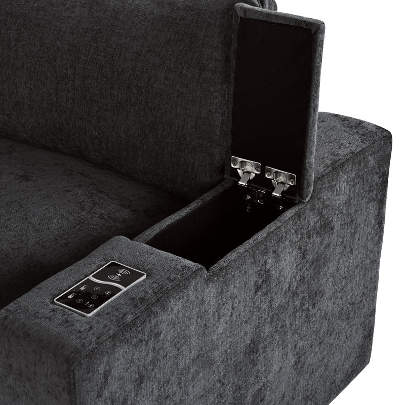Modulaire moderne avec rangement, haut-parleur et ports de charge pour le salon et le salon, Polyester gris