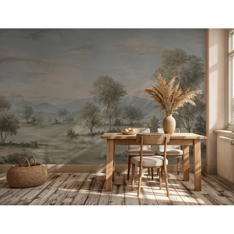 Papier peint neutre paysage de montagne et d'arbre beige, 108" L x 150" W, Non-Woven