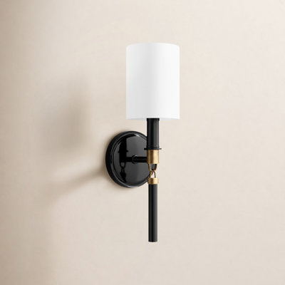Glinda Sloane 5" 1-Light Sconce In Glossy Black And Aged Brass With White Fabric Stay-Straight Shade