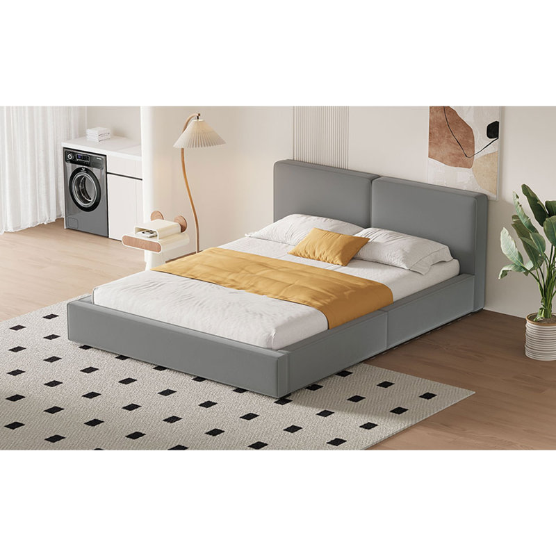 Grand lit plateforme tapissier en velours avec structure solide, Gris