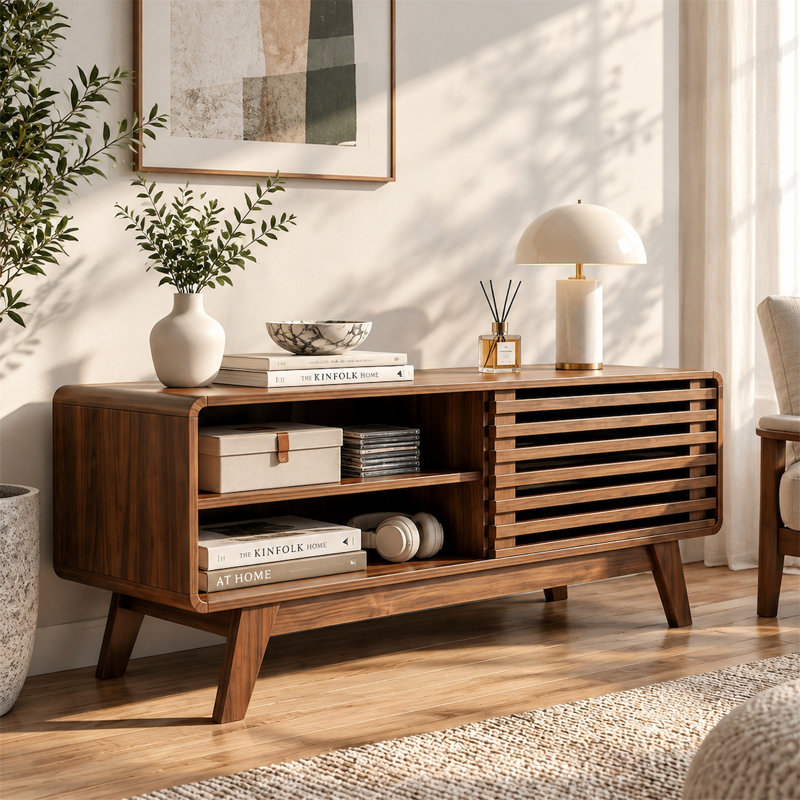 Meuble télé 46 po Mid-Century avec porte coulissante à lattes pour salon, noyer