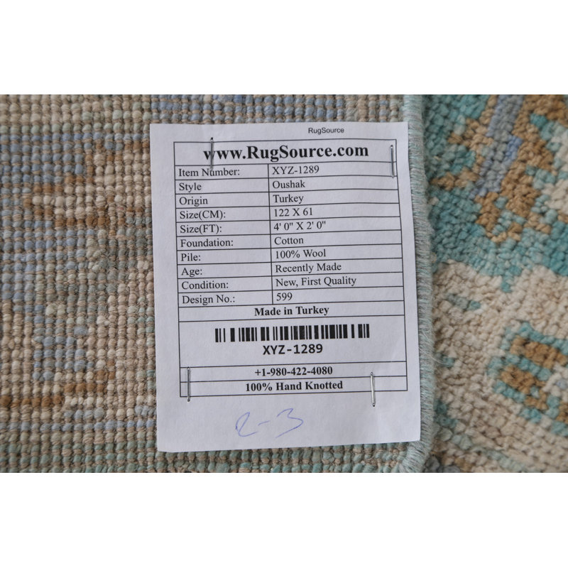 Tapis bleu en laine noué à la main de conception unique 2 pi 0 po x 4 pi 0 po Shandal