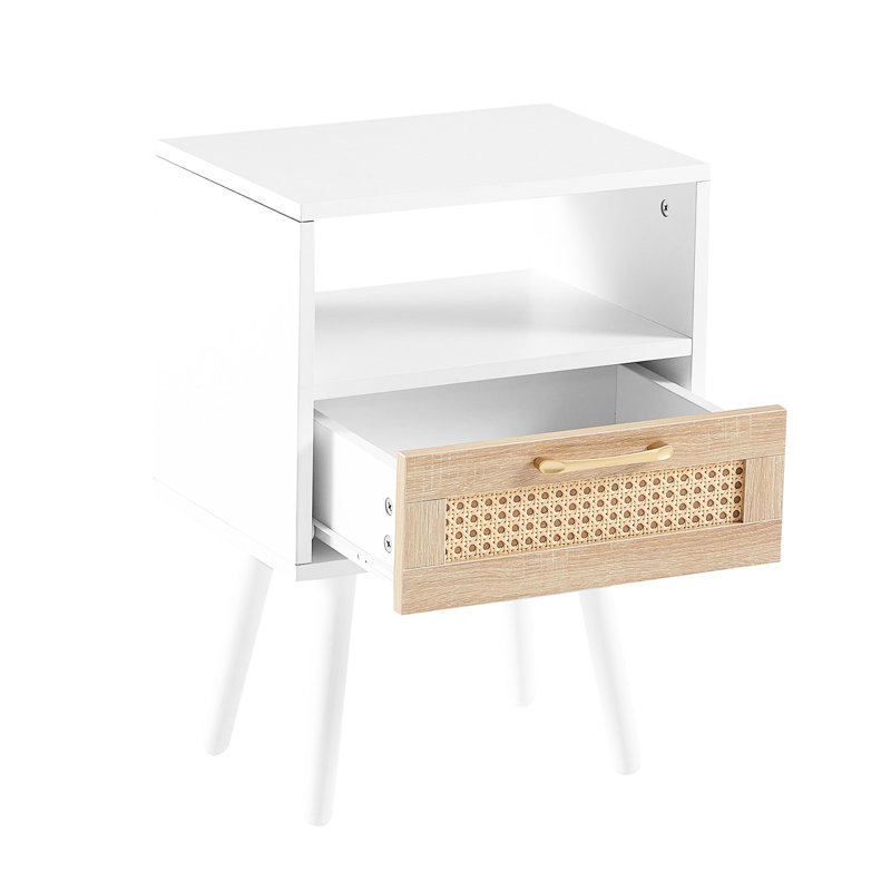 Table d'appoint moderne avec tiroir et pieds en bois massif en blanc, pour le décor du salon et de la chambre à coucher, L 16,08 po x l 12,11 po H 22,5 po, charmantes pattes intérieures polyvalentes 16,08 po, blanc