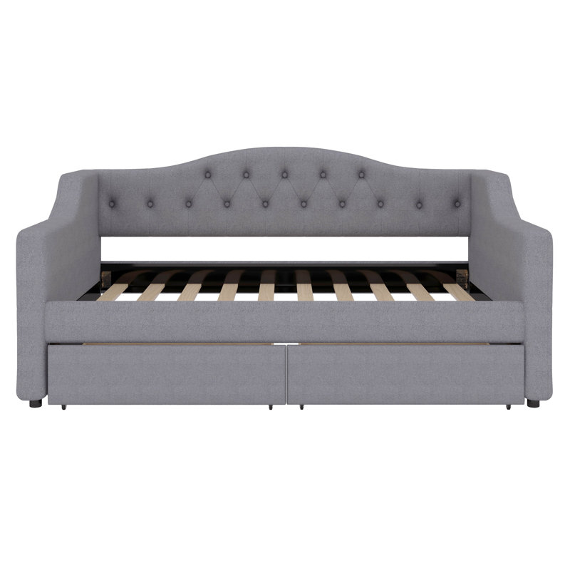 Daybed With two storage drawers And LED, Upholstered Linen Day Bed Frame With Tufted Button Backrest, Gray, Twin XL