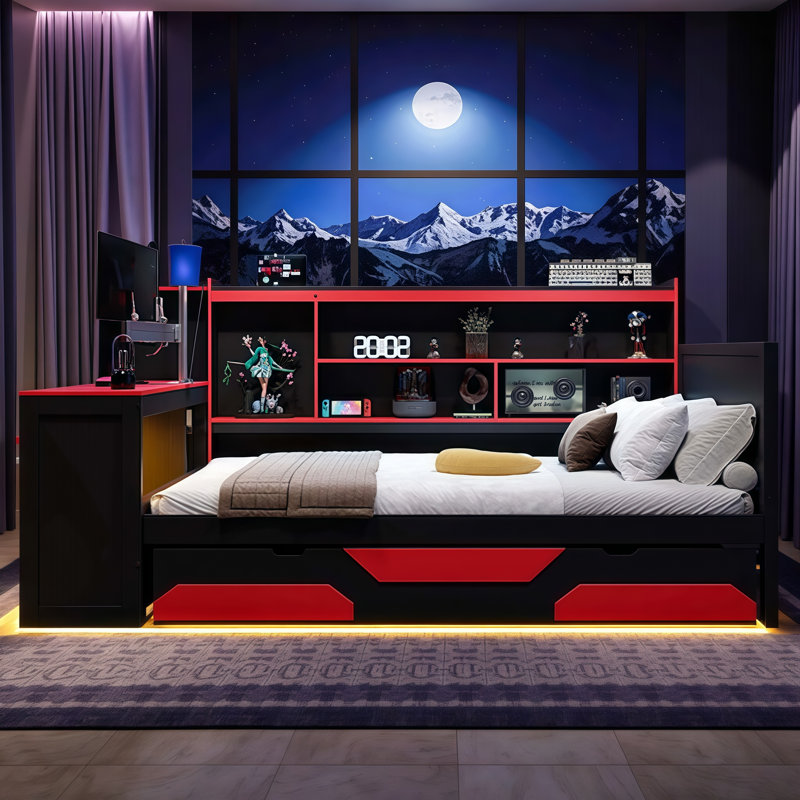 VARELON Queen Gaming Daybed with Built-in Desk, LED Lights, Charging Station & 3 Storage Drawers - Multi-Functional Design