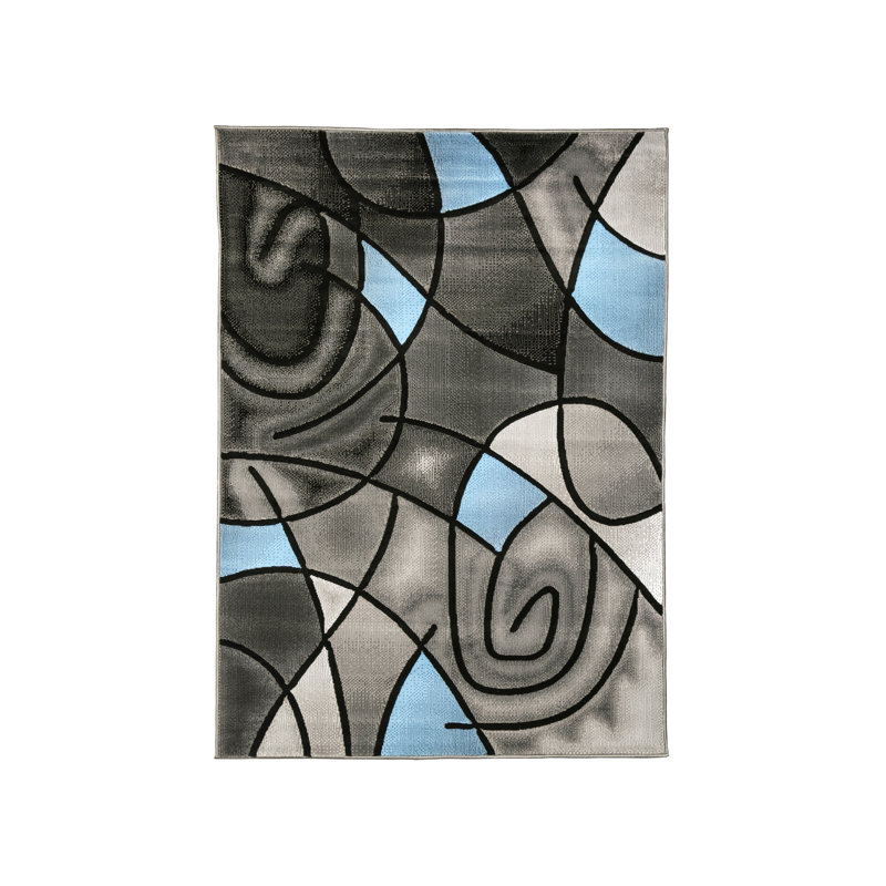Tapis abstrait gris anthracite / bleu Mahle, Rectangulaire 5 pi x 7,2 pi
