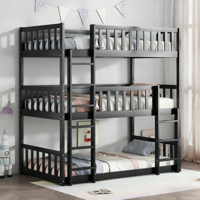 Twin Size Triple Rubber Wood Bunk Bed With Two Build-in Ladders, Guardrails, Wood 3-in-1 Bunk Beds, Convertible To 3 Separate Beds, Twin Over Twin Ove by Isabelle & Max