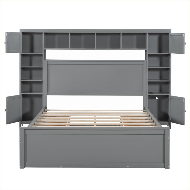 Lit en bois massif gris avec rangement intégré et grand lit avec prises de charge intégrées, Grey