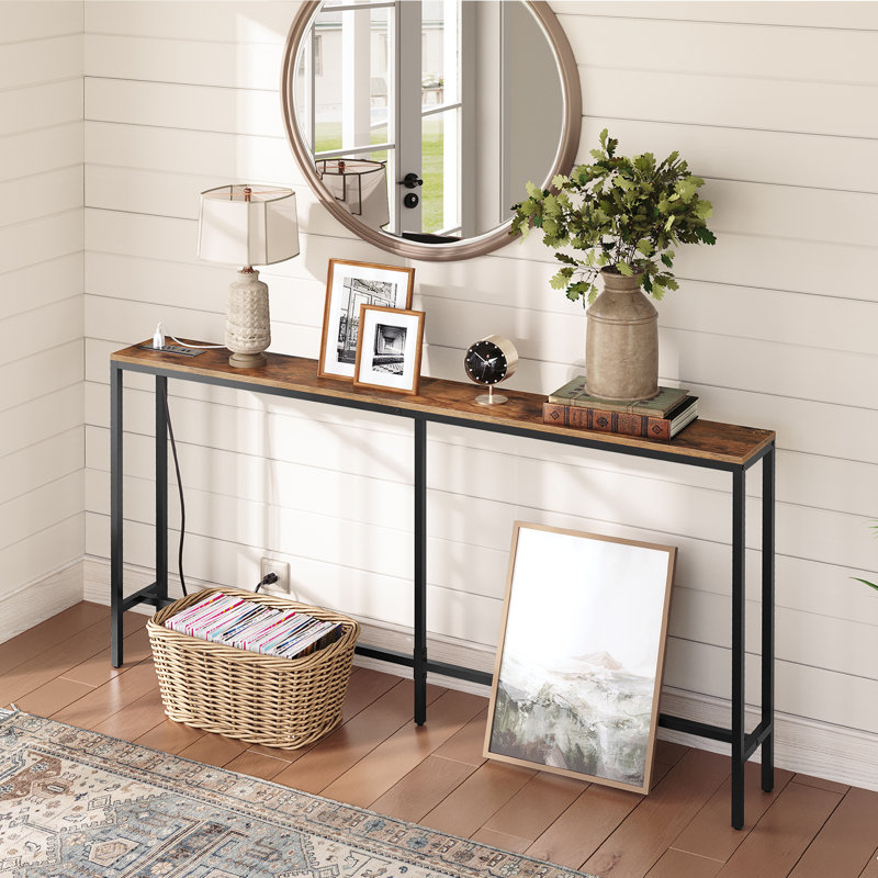 Rustic Console Table With Charging Station Narrow Sofa Table Behind Couch Table With Outlets And USB Ports, Brown