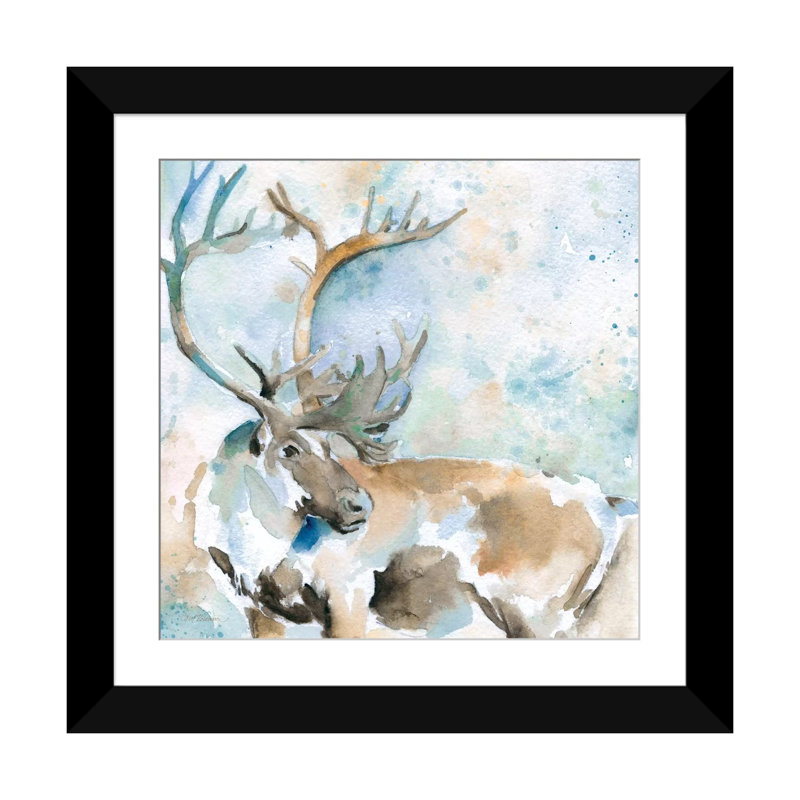 Caribou en bleu, reproduction d'art sur toile tendue, H 24 po x l 24 po x P 1 po, Papier d'art encadré noir, Blanc