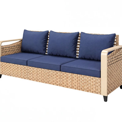 Canapé d'extérieur pour terrasse avec sièges spacieux de 70,9 po, 2,8 po, brun classique, coussins verticaux en coton bleu foncé, structure thermolaquée, capacité de 792 lb, housse à fermeture à glissière 3,1 po, siège en métal Pe