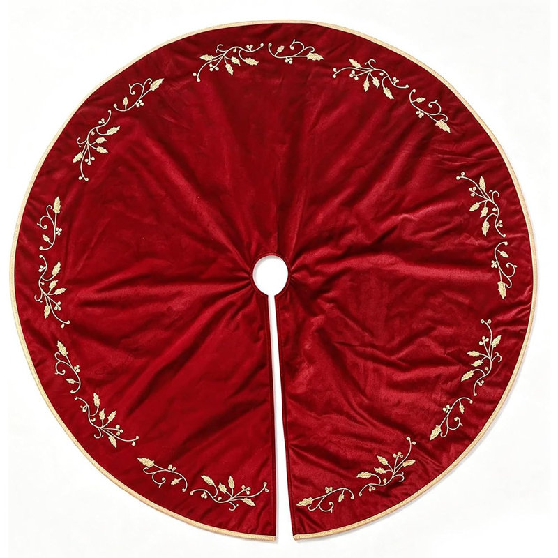 Jupe de sapin de Noël en velours rouge luxueux avec feuilles de houx brodées dorées – Décoration rustique pour le pied du sapin
