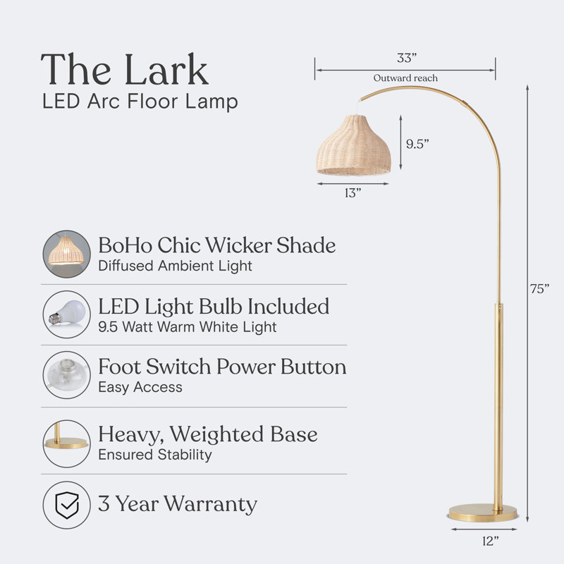 75" Brass Arc Floor Lamp with Rattan Shade