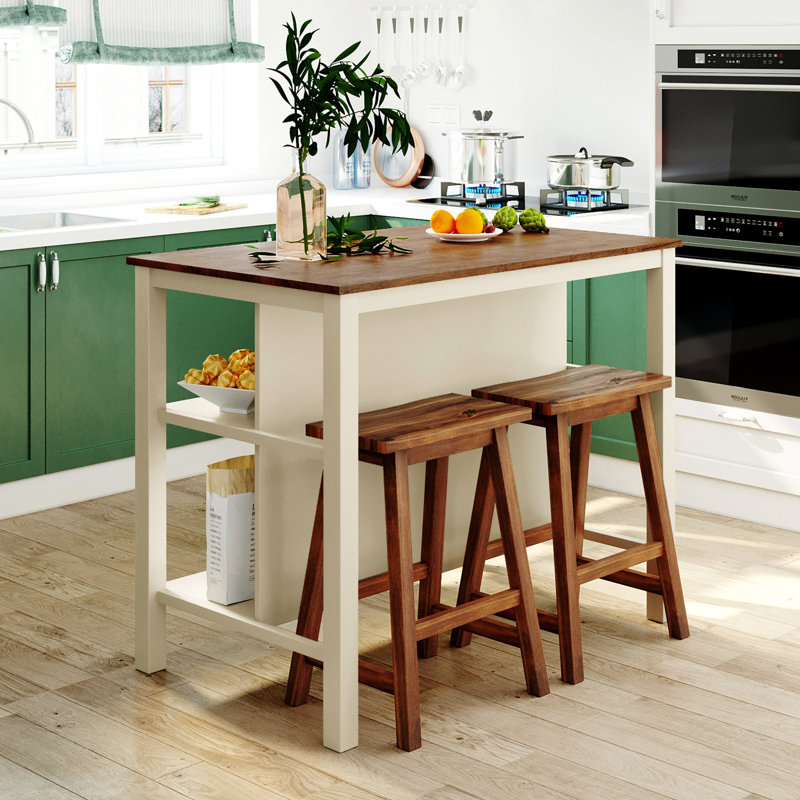 Solid Wood Rustic 3-Piece 45" Stationary Kitchen Island Set With 2 Seatings, Rubber Wood Butcher Block Dining Table Set Prep Table Set With 2 Open Shelves For Small Places