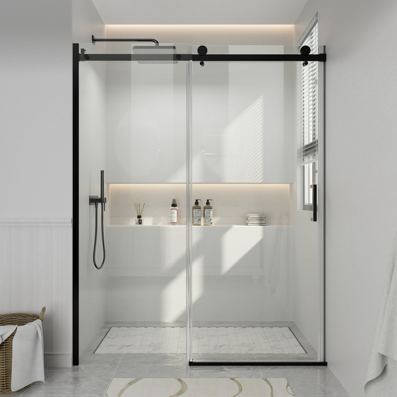 60'' Matte Black Frameless Sliding Shower Door with Clear Glass