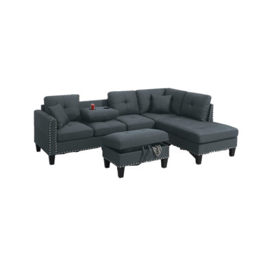 Living Room Furniture 3-PCS Sectional Sofa Set LAF Sofa RAF Chaise And Storage Ottoman Cup Holder Linen-Like Fabric Couch