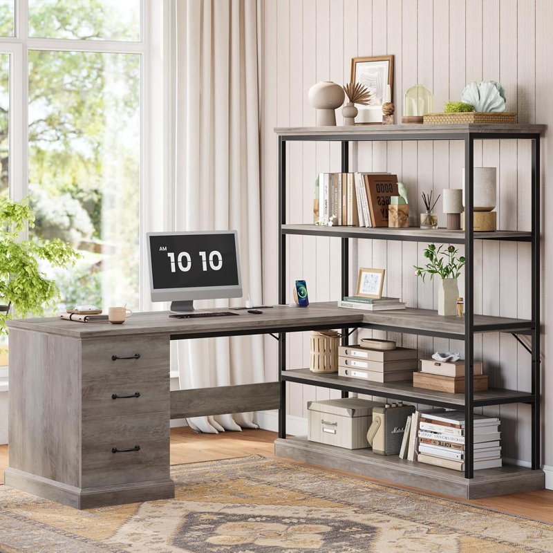 L-Shaped Executive Desk with Power Outlet, Gray/Black