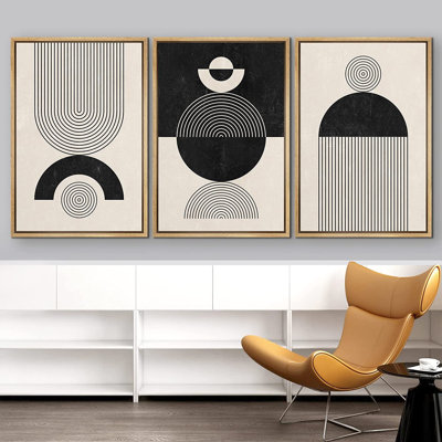 Mid Century Modern Boho Geometric Spiral Circle Ring Polygon Landscape Abstract Shapes - 3 Piece Floater Frame Graphic Art Set on Canvas