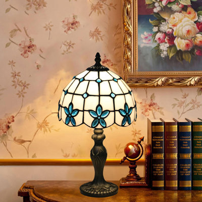 Tiffany Style Stained Glass Table Lamp With Blue Flower Design, Handcrafted Resin Base LED Bedside Lamp For Bedroom Living Room Home Office Decor
