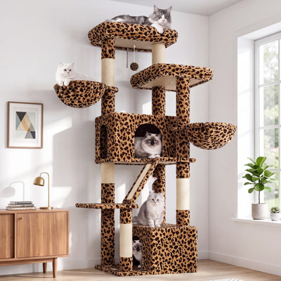 Arbre à chat 69 po pour 2-3 grands chats, tour de chat à plusieurs niveaux avec condos, hamac et planche à gratter intégrée pour une escalade sans couture, imprimé léopard