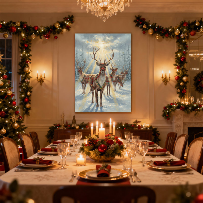 «Christmas Reindeer Team In Winter Light Forest Scene», ensemble de 3 impressions d'art sur toile, H 30 po x l 20 po