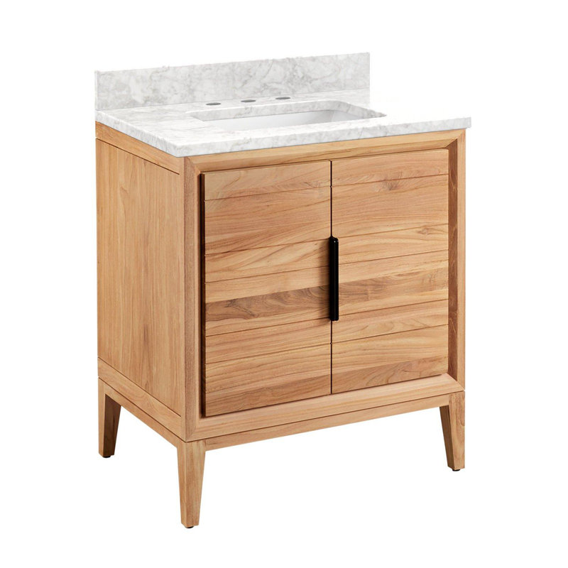 30" Aliso Single Bathroom Vanity Set with Rectangular Undermount Sink, Carrara Marble, 8" Widespread, Natural Teak