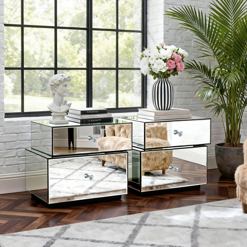 Table de chevet asymétrique 2 pièces avec miroir, entièrement assemblée, style glamour contemporain à 2 tiroirs