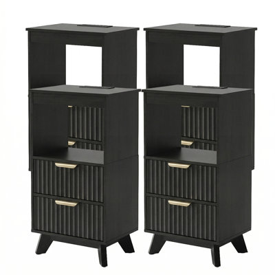 Set of 4 High Nightstand Set with Charging Ports，2 Drawers & Open Storage Shelf – Adjustable Design, for Bedroom & Living Room