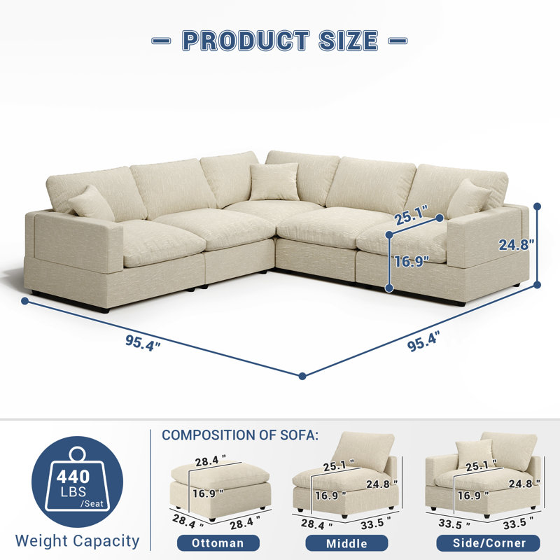 Cloud Couch Modular Sectional Sofa, Deep Seat Convertible Modular Couches For Living Room, Modern Comfy Down Filled Soft Cloud Sectional Sofa