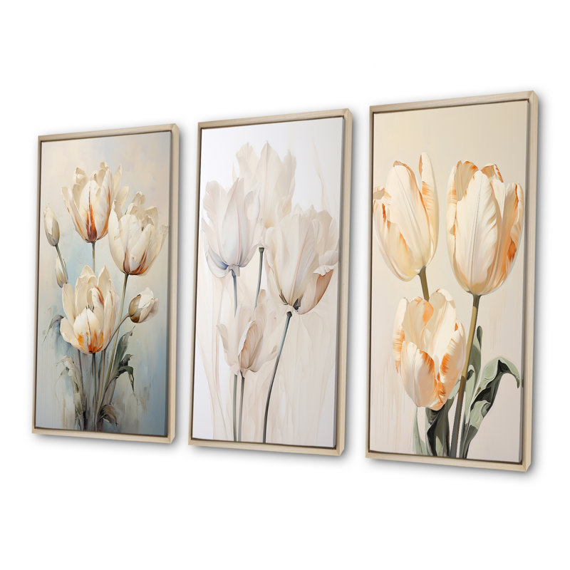 Minimalisme beige, ensemble de 3 tulipes symphoniques sur toile, Cadre flottant brun, H 32 po x l 48 po