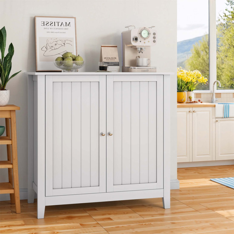 Mid-Century Modern Double Door Storage Cabinet With Silver Knobs, Ideal For Living Room, Kitchen, And Bathroom Organization