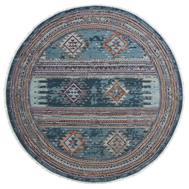 Tapis en laine tissé à plat à la main Mathena Aegean, Rond 8 pi