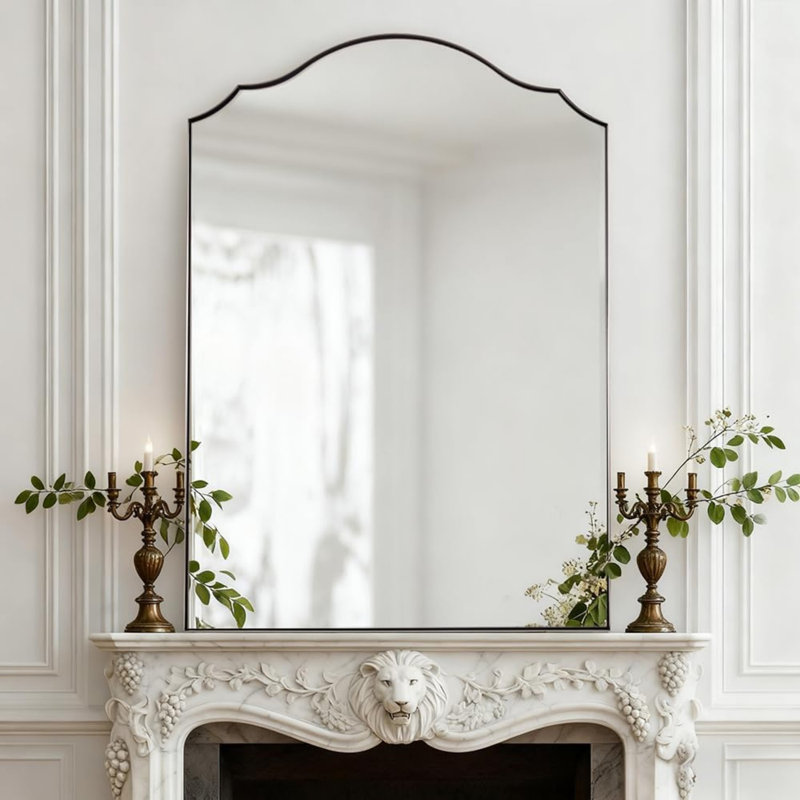 Miroir de salle de bain festonné à arche festonnée avec plateau incurvé | Cadre en acier inoxydable, Nickel brossé