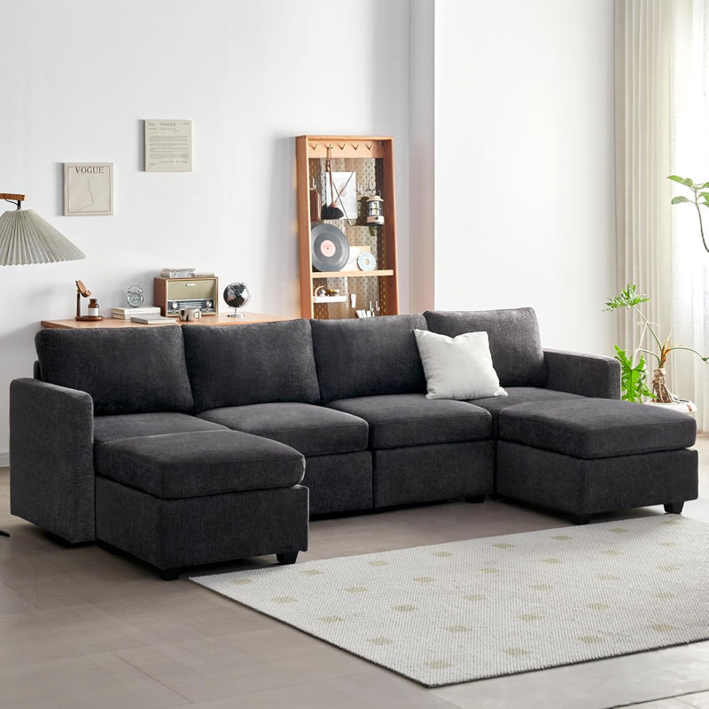 Canapé modulaire rembourré Jaiwan, Lin gris foncé