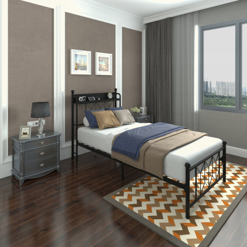 Cadres de lit, tête de lit et station de charge et lumière DEL pour la chambre à coucher, solide et stable, sans bruit, aucun sommier nécessaire, assemblage facile