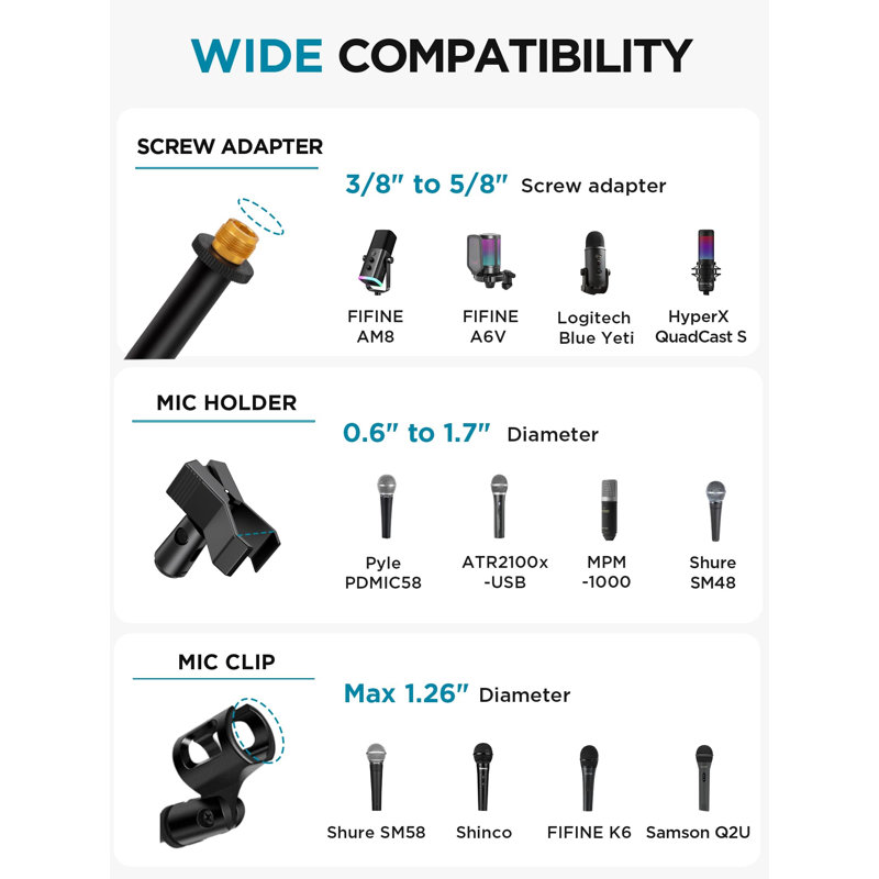 Microphone Stand, Tripod Boom Arm Floor Mic Stand Height Adjustable Heavy Duty With Carrying Bag 2 Mic Clips 3/8" To 5/8" Adapter For Singing Podcast For Blue Yeti Shure SM58 SM48 Samson Q2U