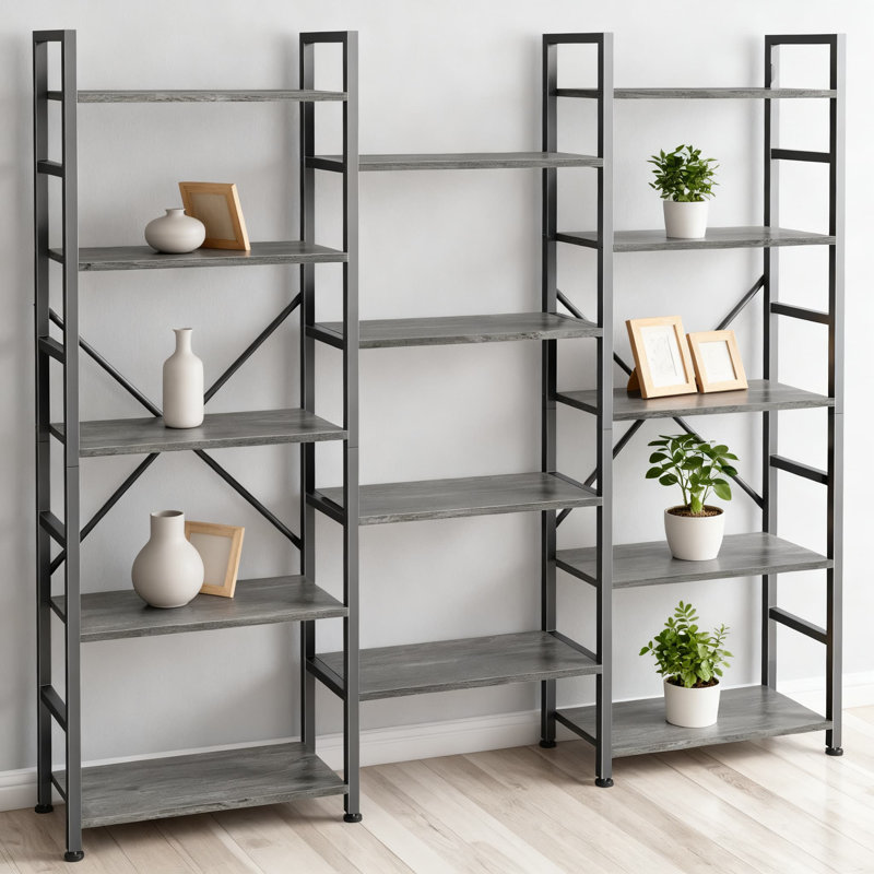 5-Tier Ladder Bookshelf With 14 Adjustable Shelves, Wide Storage Bookcase For Home Office, Durable, Gray
