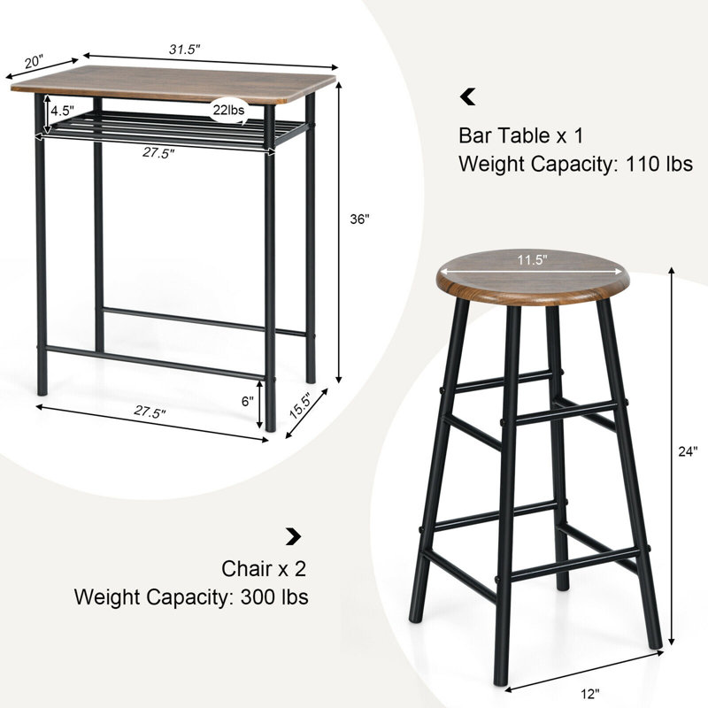Ensemble de table bistro 3 pièces à hauteur de comptoir avec 2 tabourets en teck, Teck, Teck / Noir