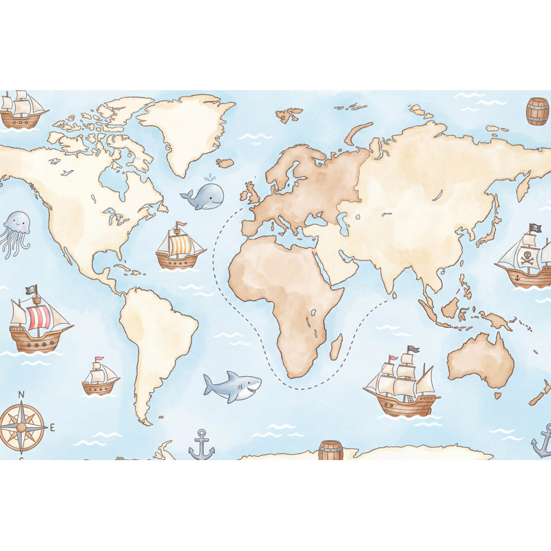 Papier peint carte du monde océan nautique, 100 po x 96 po, Texturé non collé