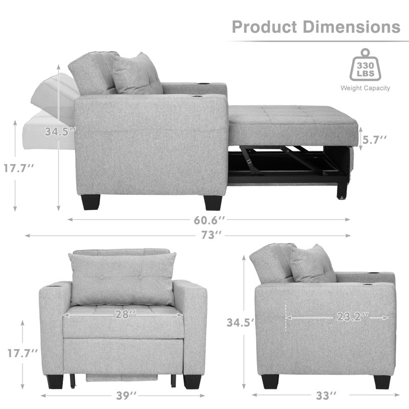 Latitude Run Linen Single Pull-out Sofa Bed 3 in 1 Convertible Chair, Light Grey