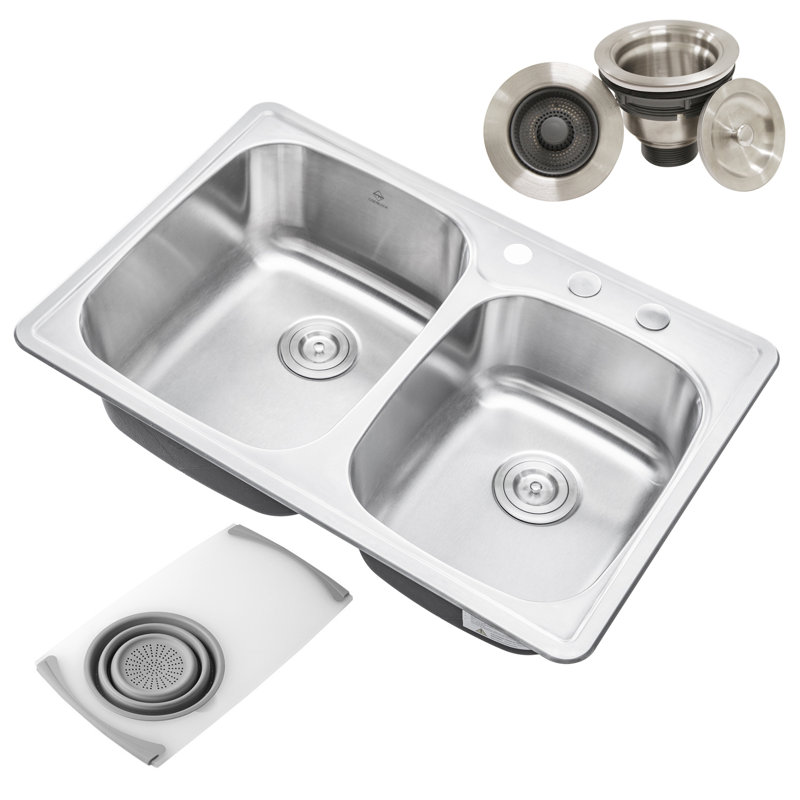 33.125'' L Double Bowl Stainless Steel Kitchen Sink, 3 Hole