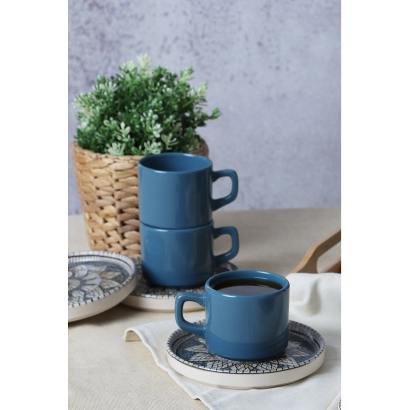 Ensemble de 12 tasses à thé élégantes, bleu et gris | 100% grès céramique, 6 tasses (6,9 oz) et 6 soucoupes (5,5 po) | Antibactérien, écologique, va au lave-vaisselle et au micro-ondes | Parfait pour les amateurs de thé et les réceptions