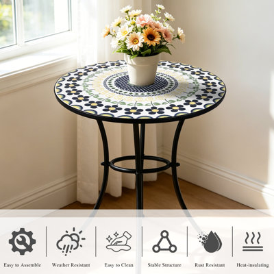 Table d'appoint ronde en mosaïque, table de bistro décorative pour l'extérieur et l'intérieur avec plateau en carreaux floraux colorés, table de bout de patio en métal noir pour porche, balcon, cour et salon