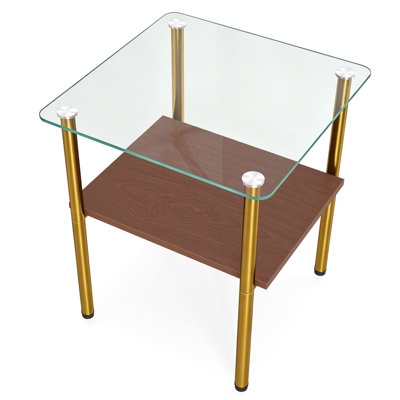 Table d'appoint 2 pièces en verre rectangulaire moderne, plateau en verre trempé, tablette de rangement en MDF et pieds en métal, table d'appoint minimaliste pour salon et chambre à coucher